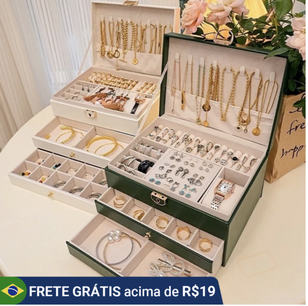 Caixa de Joias de 3 Camadas, Caixa de Armazenamento de Joias de Couro PU Preto Com 2 Gavetas Fashion Segura para Quarto