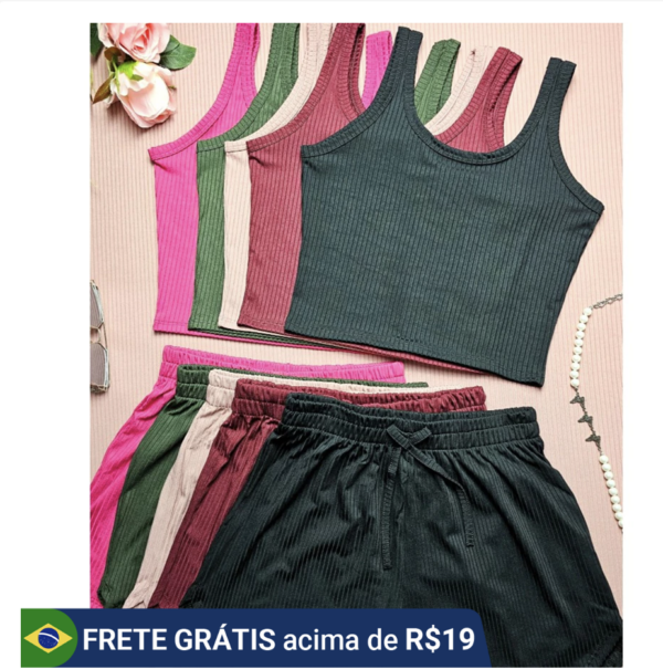 Conjuntos Cropped Top Simples básico Regata+Short Curto Malha Canelada (Várias Cores)