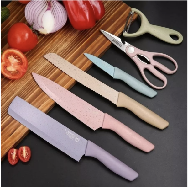 Kit 6 Peças Conjunto de Faca Carne Cutelo Legumes Aço Carbono Descascador Tesoura Profissional (colorido ou preto)