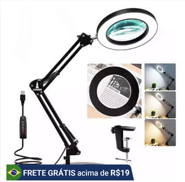 Lupa Luminária Articulável Lorben 10x com LED Ring Light e Garra Base - 16cm