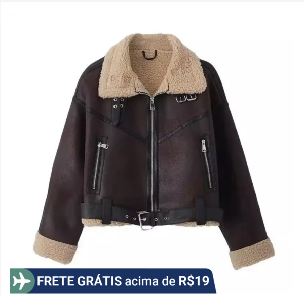 Moda Feminina Vintage Casual Casaco Curto Solto Outono/Inverno Mangas De Lanterna Com Zíper Espessado De Pele Artificial