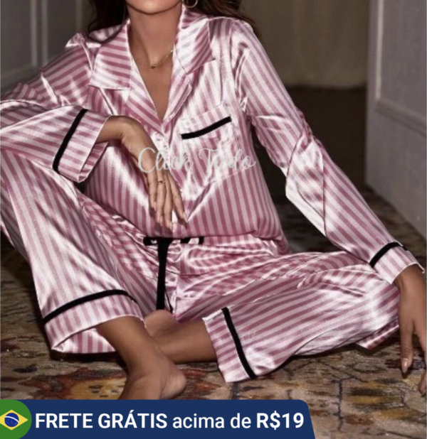 Pijama Feminino Listra Manga Longa Rosa Americano Moda