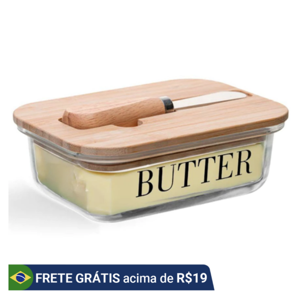 Manteigueira de vidro com espátula e tampa de bambu 15x11x5cm