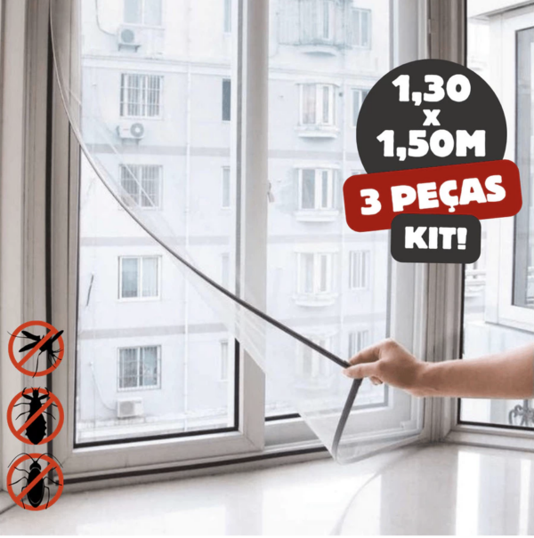 Kit 3 Tela Mosquiteiro Janela 130x150cm Removível com Fecho Contato e Fita Dupla Face Contra Insetos