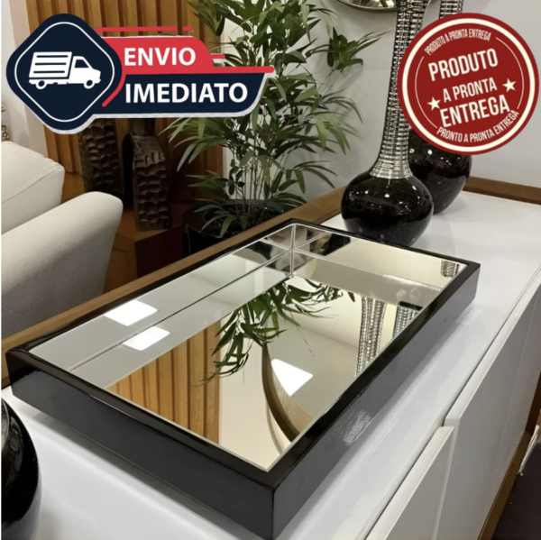 Bandeja Espelhada Decorativa Laqueada de Vidro para Sala Luxo