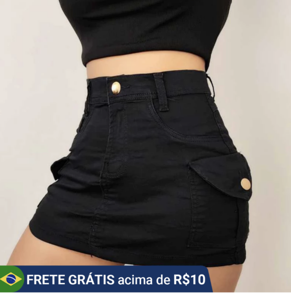 Saia jeans feminino cargo preto 36 a 46 cintura alta com lycra curto