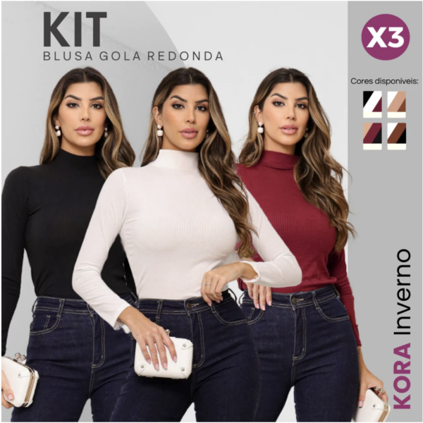 Kit C/ 3 Blusas Femininas Cacharrel Gola Alta Manga Longa Toque Macio Premium