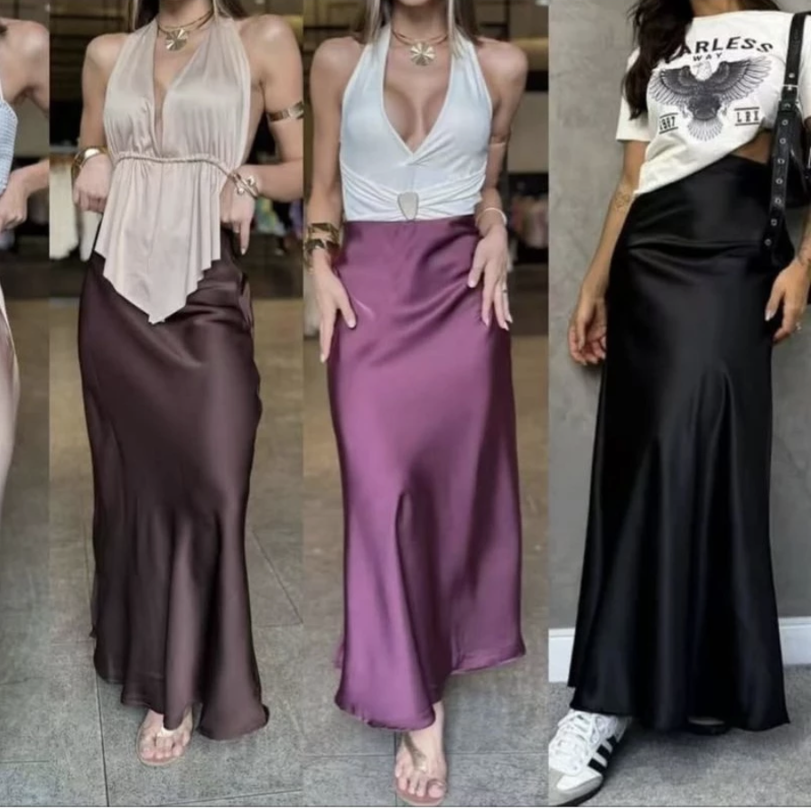 Saia Feminina Longa Midi de Cetim Saia Evasê Elegante saia longa (diversas cores)