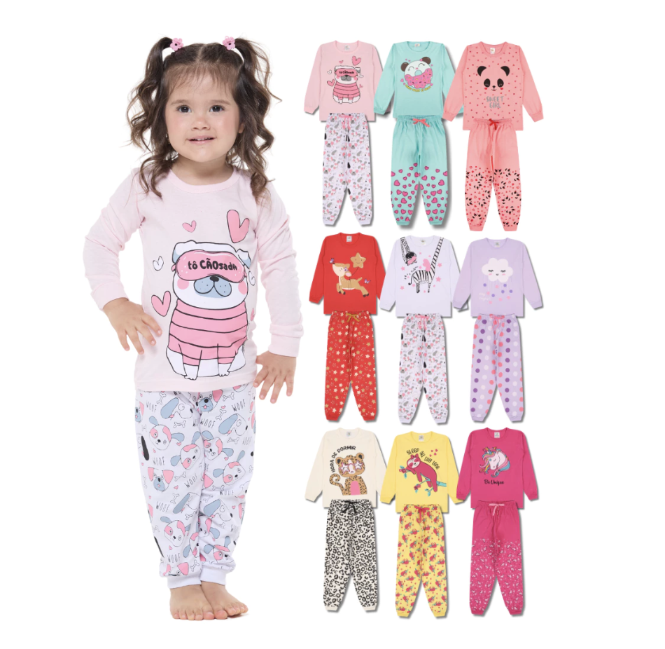 Kit Sortido 10 Peças Pijama Infantil Menina Manga Comprida Ou 6 Peças Pijama Infantil Menina