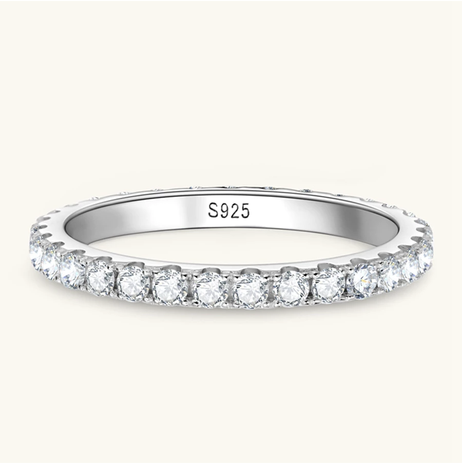 Anel De Moissanite Completo De 2mm GRA Para Mulheres , Alianças De Eternidade De Casamento Brilhante , Joia De Prata S92