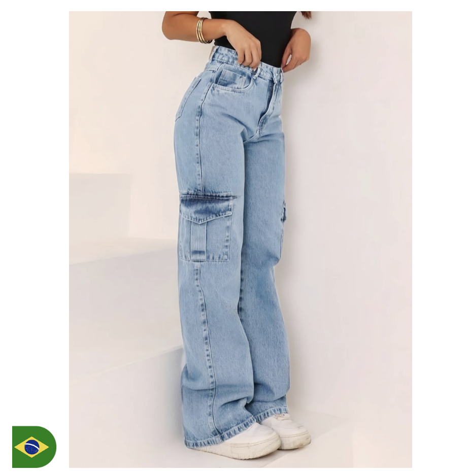 Calça Wide Leg CARGO Jeans Feminina Cintura Alta pantalona
