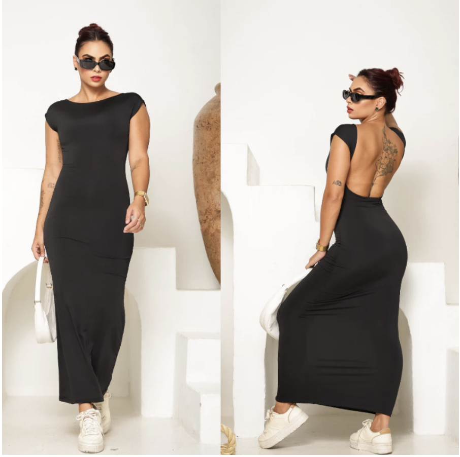 Vestido Feminino Justo de Costas Nua Longo Decote Costa Casual Estiloso