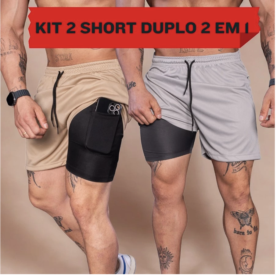 Kit 2 Short Run 2 em 1 Bermuda Masculina Academia Treino Corrida Com Elastano