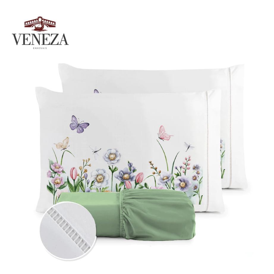 Kit Jogo de Cama Lençol Liso Fronha Estampada Micropercal 400 Fios Ponto Palito (outras cores)