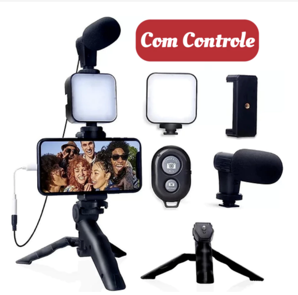 Tripé Estabilizador de Mão kit 5 em 1 gimbal Microfone Celular Gravação De Vídeo