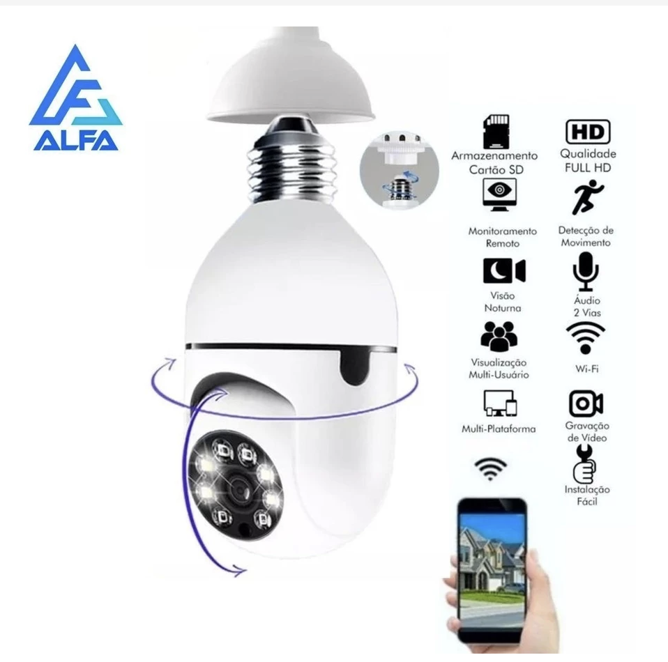Câmera Wifi IP Sem Fio Giratória 360 Com Encaixe Lampada Bocal Rosca Yoosee Ptz Full HD Visão Noturna Segurança E27