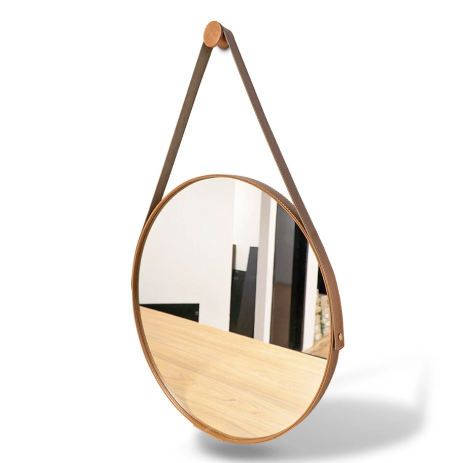 Espelho Adnet Couro Costurado Com Alça + Suporte 60cm 50cm 40cm 30cm Sala Quarto Banheiro Redondo (outras cores)