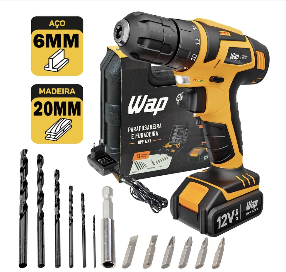 Parafusadeira Furadeira Sem Fio 12V Com Maleta Brocas e Acessórios BPF 12K3 Wap