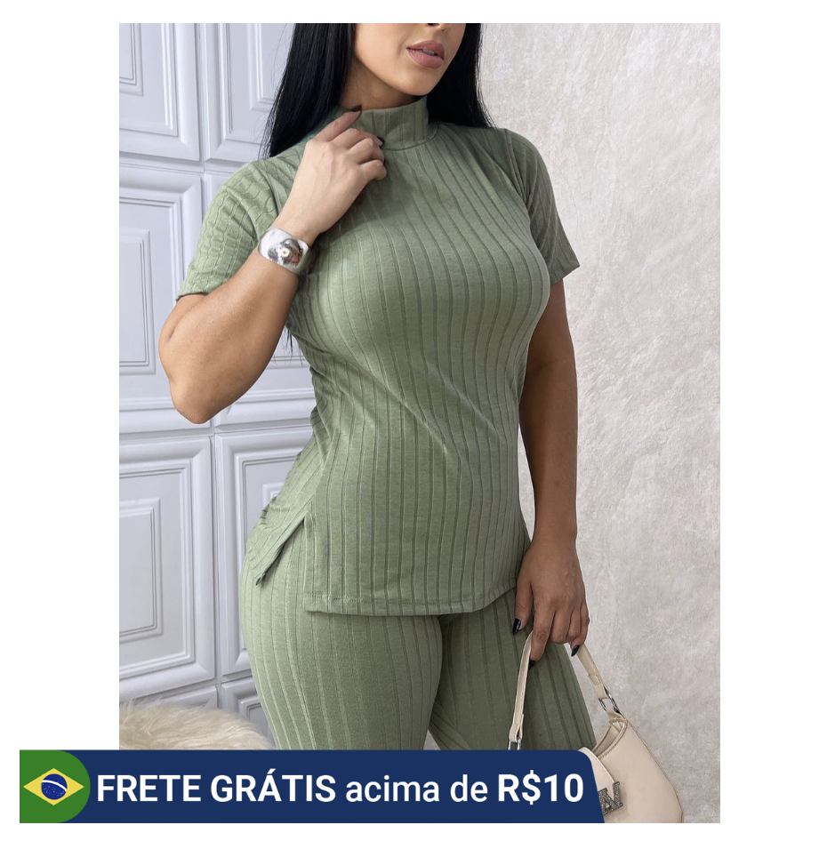 Conjunto Feminino Canelado Calça e Blusa Malha Com Elastano Premium (outras cores)