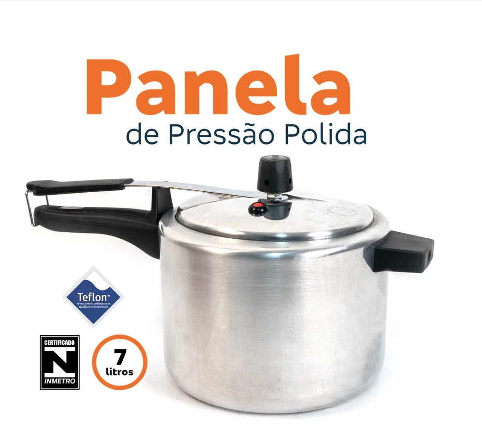 Panela de Pressão Alimínio Polida 7 Litros – Fechamento Interno Resistente Seguro - Selo do INMETRO (outros tamanhos)