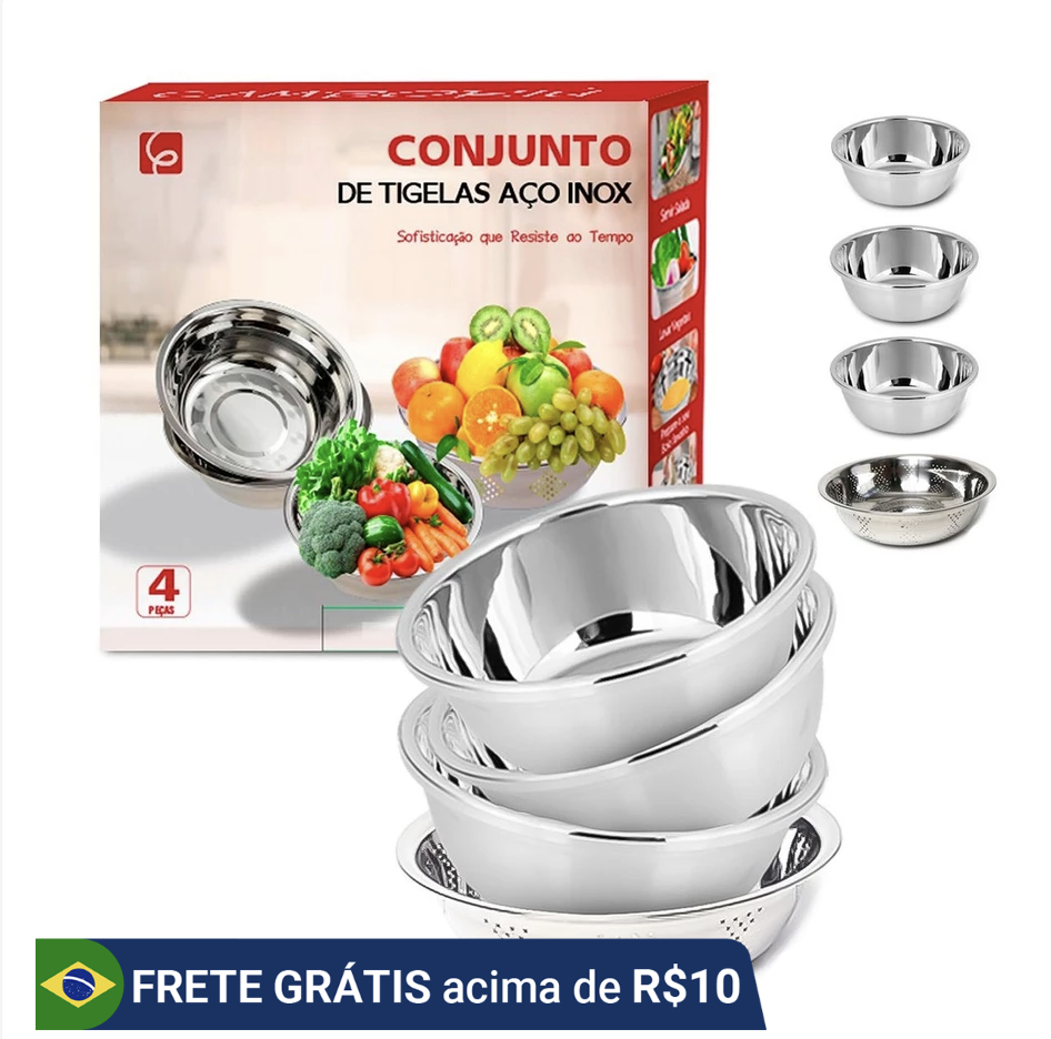 Epsilon Kit 4 Tigelas Bowls Em Aço Inox com Escorredor Design Moderno
