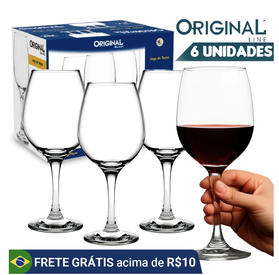 Jogo 6 Taças de Vidro 350ml Original | Taça Vinho Vinhedo Água Sobremesa Cristal Luxo Reforçada