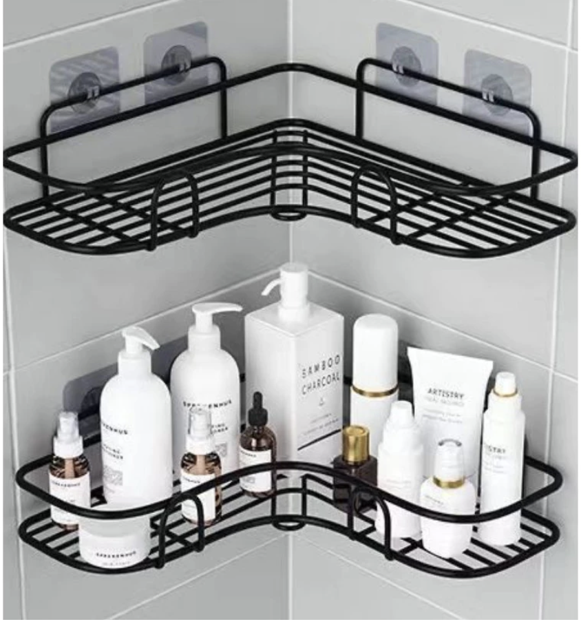 Kit Com 2 Suportes Porta Shampoo Organizador De Metal Para Banheiro Cozinha Prateleira Com Adesivos