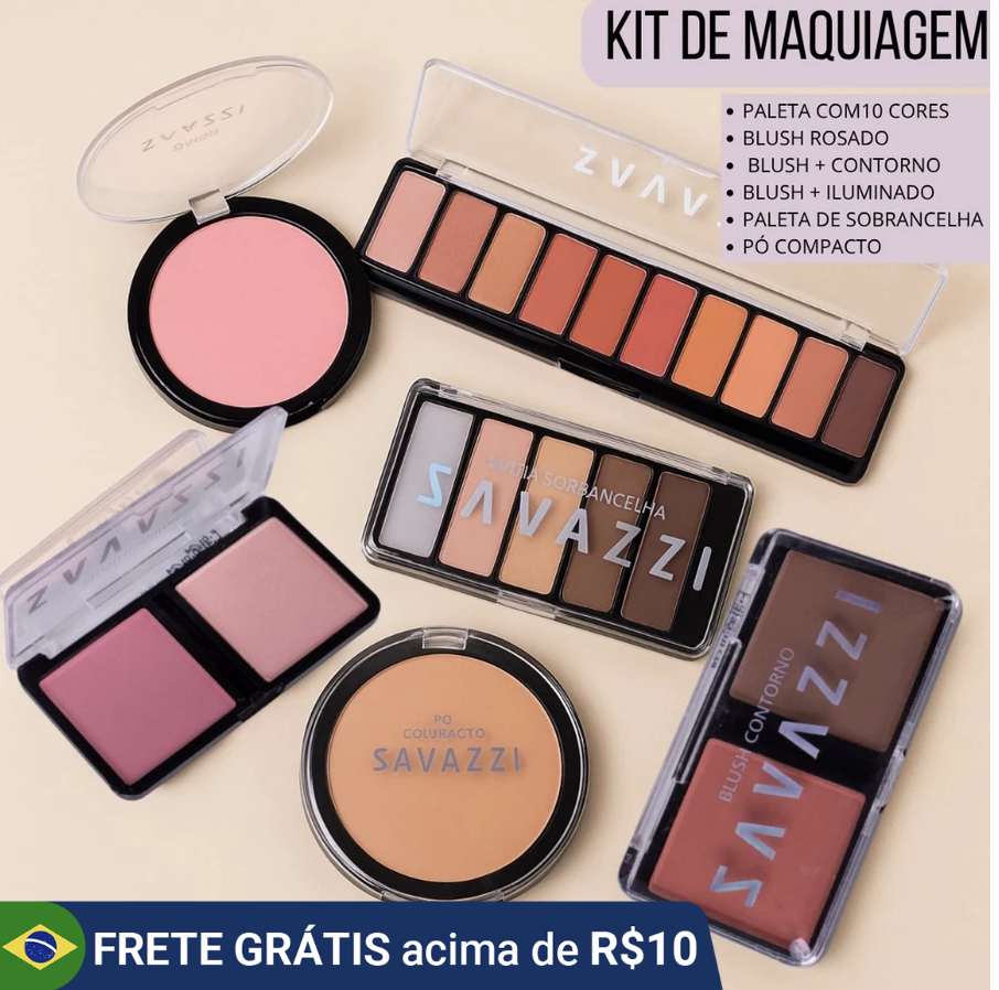 Kit Completo De Maquiagem Com 6 unidades Paleta Sombra, Blush, Iluminador, Pó Compacto, Contorno, Paleta Sobrancelha