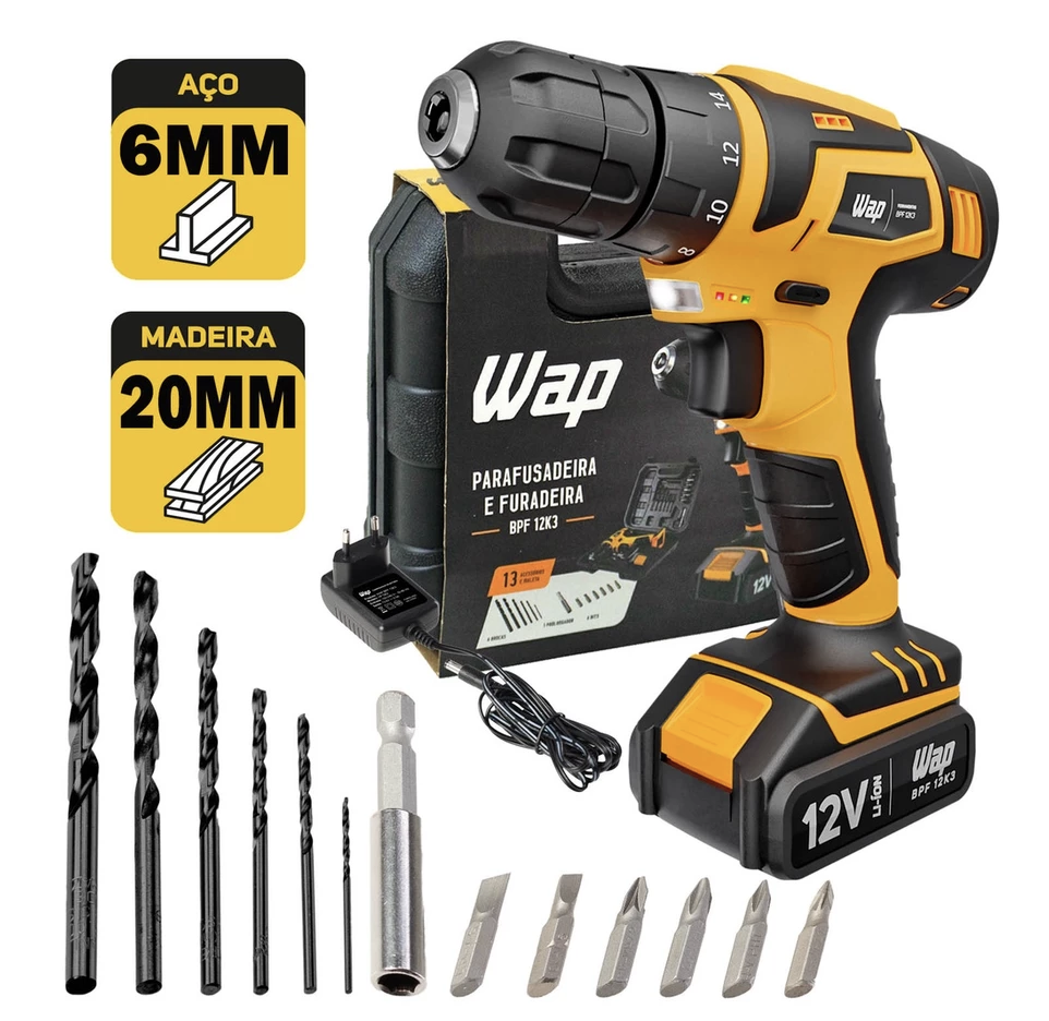 Parafusadeira Furadeira Sem Fio 12V Com Maleta Brocas e Acessórios BPF 12K3 Wap