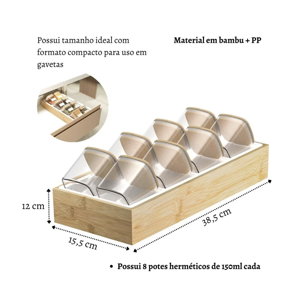 Organizador de Temperos Condimentos Gaveta 9 Peças com Adesivos Keep Bambu Acrílico