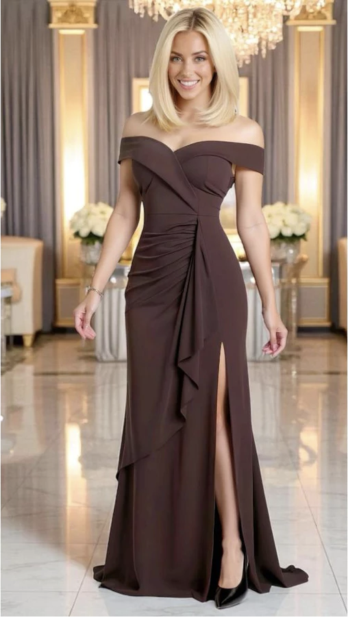 vestido longo de festa ombro a ombro com fenda drapeado elegante rose fucsia marsala marrom (outras cores)