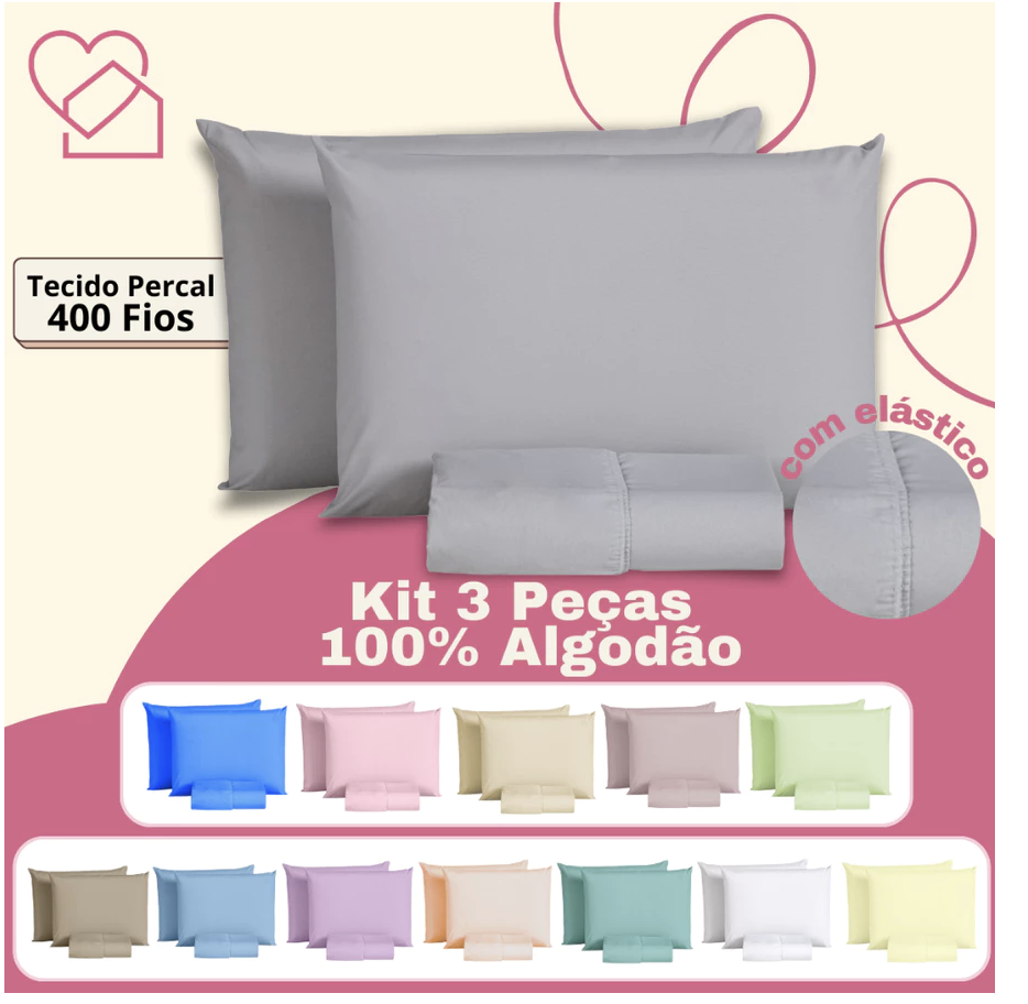 Jogo de Lençol King 3 Peças 400 Fios Algodão (diversas cores)