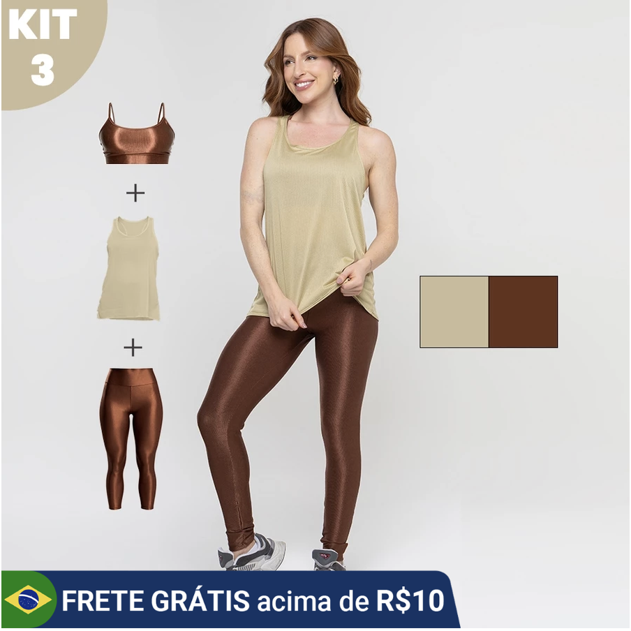 Kit 3 peças Legging e Top Fitness Canelado Brilhoso + Regata Dry Feminino (outras cores)