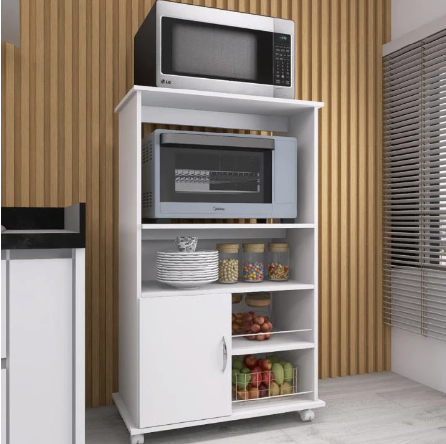 Armário Fruteira Forno com Suporte para Microondas e Balcão Multiuso com Rodinhas