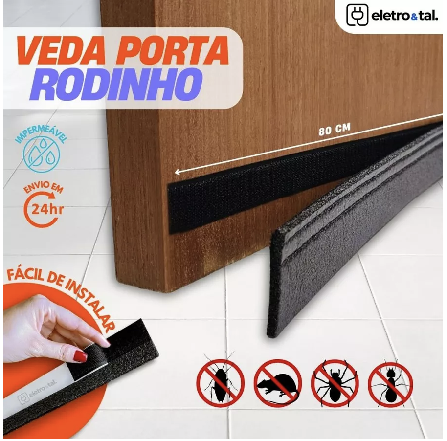 Veda Porta Rodinho Adesivo Protetor de Porta Contra Insetos Impermeável Preto 80cm BemPrat (preto ou branco)