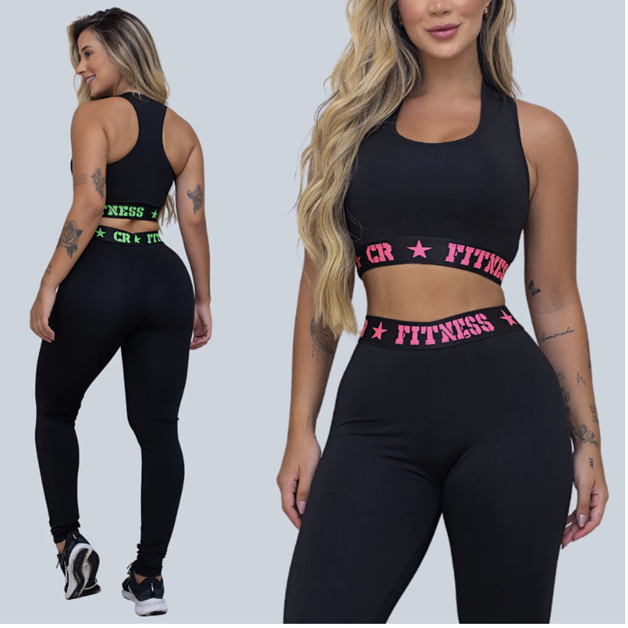 Kit 2 Conjuntos Academia 2 Tops e 2 Legging Elastico Exposto (diversas cores)