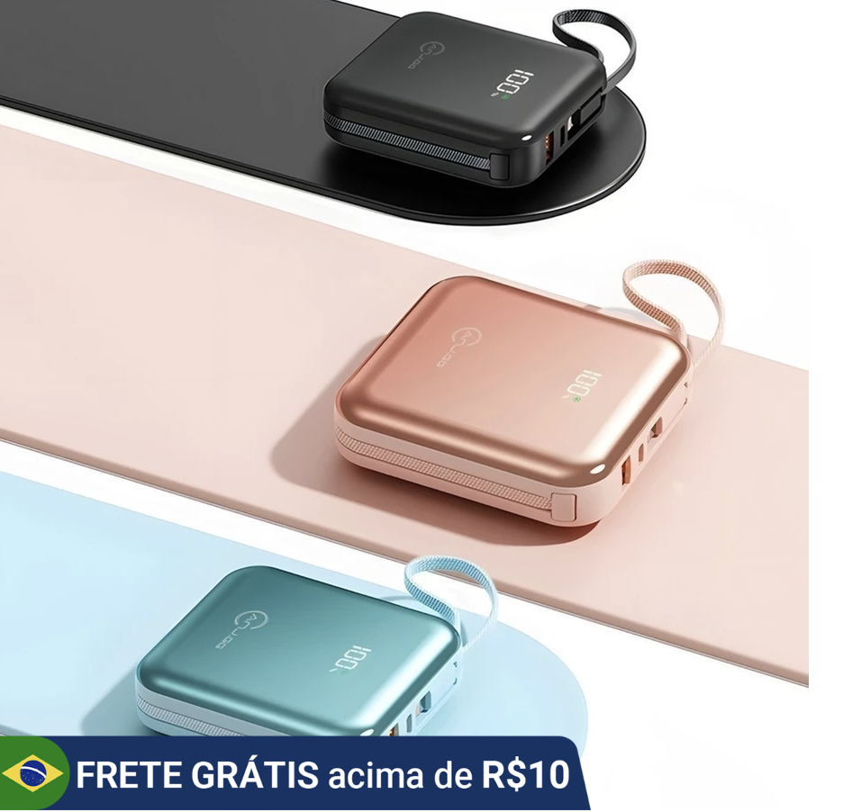 Mini power bank portátil 20.000 mAh com IOS e cabo Tipo C (diversas cores)