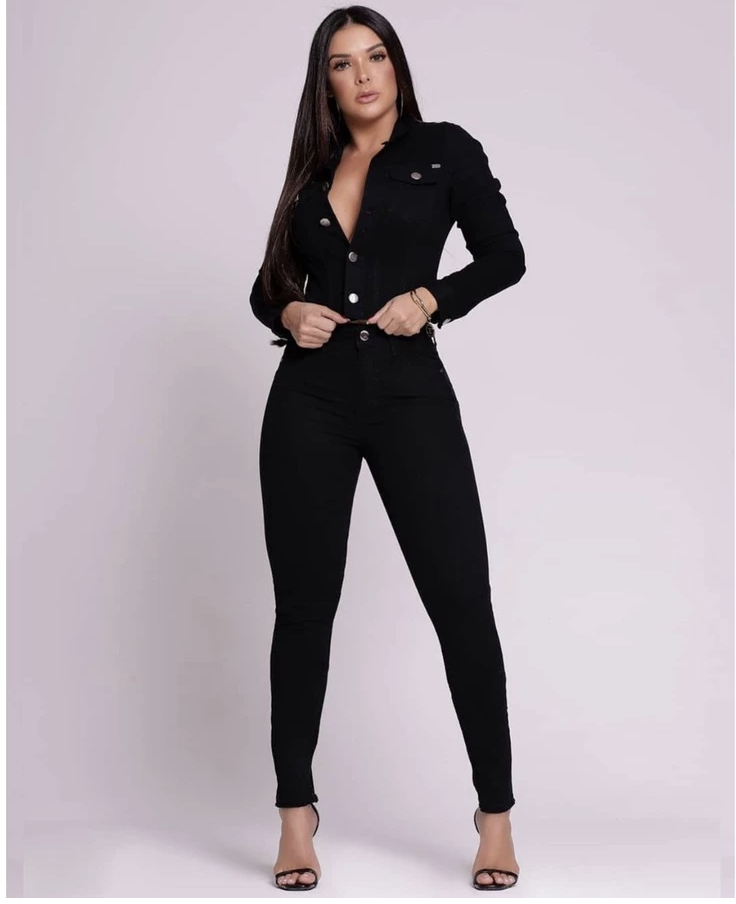 Calça Jeans Skinny Preta Cintura Alta Levanta Bumbum