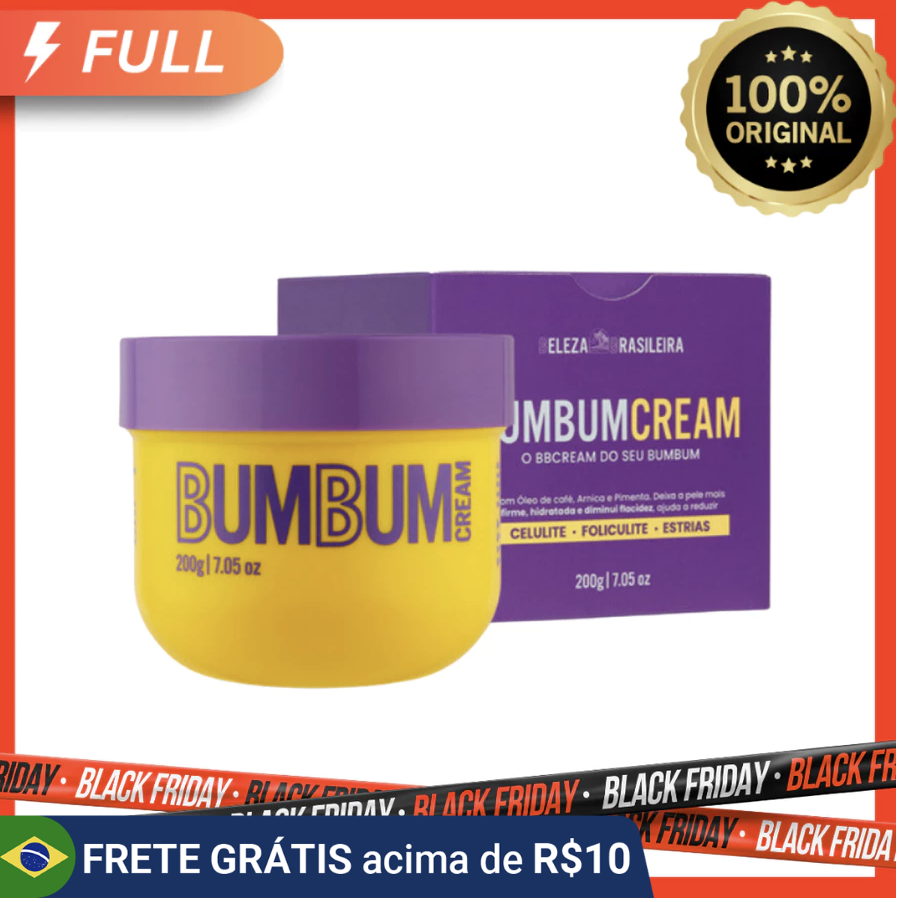 Bumbum Cream 200g - Tratamento De Estrias e Celulite - Beleza Brasileira 100% OriginalTransforme seu bumbum com um creme poderoso que elimina celulites, estrias, reduz pelos encravados e flacidez, além de ajudar a tratar aquelas manchinhas indesejadas. Seu bumbum liso e firme começa aqui! 👉 O QUE SÓ ELE FAZ: ✔ Funciona para todos os tipos de pele. ✔ Combate celulites, estrias e flacidez com uma fórmula termogênica. ✔ Feito com óleo de cafeína, arnica, gengibre, pimenta e nicotinato de metila, que trata profundamente de dentro pra fora através de uma ação "subcutânea". 👉 RESULTADOS COMPROVADOS: ✨ 93% relataram uma pele mais hidratada e macia. ✨ 83% dos usuários notaram uma redução visível na celulite. ✨ 87% perceberam uma pele mais firme e elástica após o uso contínuo. 👉 ATIVOS: - Óleo de Café: ativo que ajuda a reduzir medidas e celulite, além de combater a flacidez da pele. - Bioex IP: complexo composto por Capsicum, Gengibre, Arnica e Nicotinato de Metila, que melhora a penetração dos ativos. Provoca sensação de calor, estimula a circulação e age como vasodilatador. - Pimenta: especiaria poderosa que melhora a circulação, tem efeito anti-inflamatório e aquece a pele, deixando-a com uma vermelhidão saudável. 🌱 Produto Vegano: Livre de ingredientes de origem animal, perfeito para quem busca um estilo de vida mais consciente. 🐾 Não Testado em Animais: Garantia de que o produto é cruelty-free. ✔ Aprovado pela ANVISA: Produto regularizado e autorizado pelas normas de segurança da saúde. 👉 COMPOSIÇÃO: AQUA (água), CETEARYL ALCOHOL (álcool cetoestearílico), CYCLOPENTASILOXANE (decametilciclopentasiloxano), ETHYLHEXYL STEARATE (estearato de octila), PROPYLENE GLYCOL (propilenoglicol), CAPRYLIC/CAPRIC TRIGLYCERIDE (triglicéride cáprico/caprílico), GLYCERYL STEARATE (monoestearato de glicerila), COFFEA ARABICA SEED OIL (óleo de semente de café), CETEARETH-20 (cetomagrol 1000), PARFUM (fragrância), MICA (mica), PHENOXYETHANOL (fenoxietanol), DIMETHICONE (dimeticona),CI 77891 (corante CI 77891/branco), PANTHENOL (pantenol), GLYCERIN (glicerol), METHYL NICOTINATE (nicotinato de metila), ALCOHOL(álcool etílico), CENTELLA ASIATICA LEAF EXTRACT (extrato de centella asiatica), FUCUS VESICULOSUS EXTRACT (extrato de fucus), EQUISETUM ARVENSE EXTRACT (extrato de cavalinha), ARNICA MONTANA FLOWER EXTRACT (extrato de flor de arnica montana), AESCULUS HIPPOCASTANUM SEED EXTRACT (extrato desemente de castanha da índia), ILEX PARAGUARIENSIS LEAF EXTRACT (extrato de folha de erva mate), HEDERA HELIX EXTRACT (extrato de hera), CAPSICUM ANNUUM FRUIT EXTRACT (extrato do fruto de capsicum) ZINGIBER OFFICINALE ROOT EXTRACT (extrato de raiz de gengibre), DISODIUM EDTA (edetato dissódico), ARNICA MONTANA FLOWER OIL (óleo de flor de arnica), BHT (butil-hidroxitolueno), CYCLOHEXASILOXANE (ciclohexasiloxano), COUMARIN (cumarina), CYCLOTETRASILOXANE (octametilciclotetrasiloxano), POTASSIUM SORBATE (sorbato de potássio), SODIUM BENZOATE (benzoato de sódio), TETRASODIUM EDTA (edetato de sódio), CINNAMYL ALCOHOL (álcool cinamílico), TIN OXIDE (óxido de estanho), LINALOOL (linalool), DMDM HYDANTOIN (dimetilidantoína), IODOPROPYNYL BUTYLCARBAMATE (iodopropinil butilcarbamato)