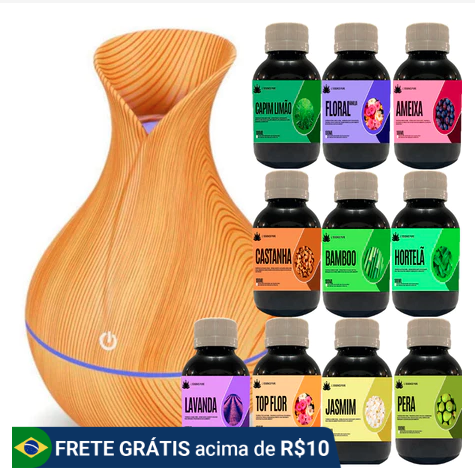 Umidificador De Ar + 2 Essências Hidrossolúvel | Difusor Modelo Vaso 200ml | Essências 100ml
